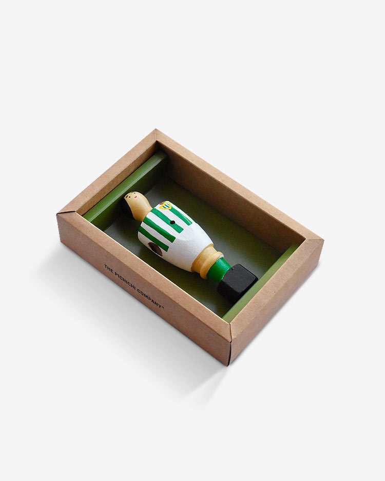 Jugador de futbolín artesanal de la Liga en su caja original